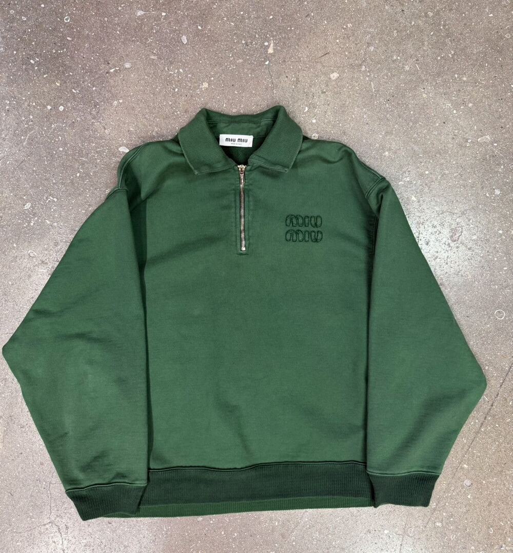 Miu Miu Green Logo Quarter Cotton Zip-Up